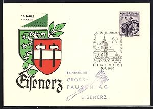 Ansichtskarte Eisenerz, 10 Jahre 1. Österr. Arbeiter Briefmarkensammelverein 1962, Stadtwappen