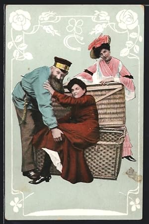 Ansichtskarte Page und Frau mit Dame am Korb