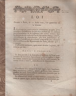 Imagen del vendedor de Loi donne  Paris, le 17 aot 1792, l'an quatrime de la libert a la venta por PRISCA