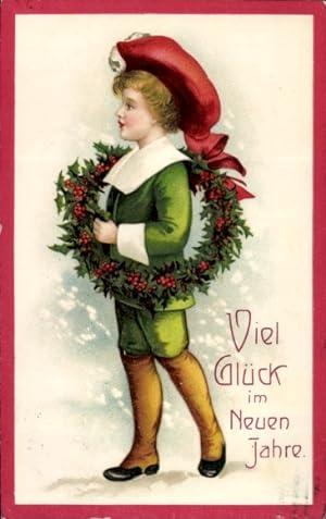 Präge Ansichtskarte / Postkarte Glückwunsch Neujahr, Kind, Stechpalme, Kranz