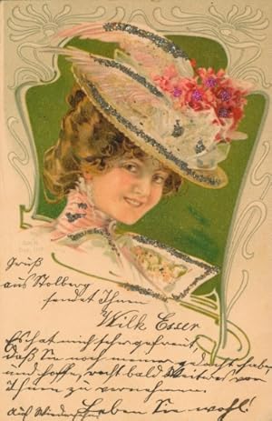 Glitzer Litho Gemaltes Portrait einer jungen Frau, Hut mit Blumen