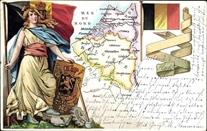 Landkarten Wappen Litho Belgien, Allegorie, Fahnen