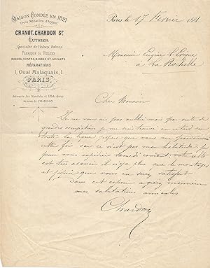 CHANOT. CHARDON luthiers 2 lettres autographes signées