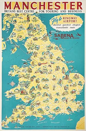 Original Vintage Pictorial Map: Manchester via Sabena Belgian Airlines