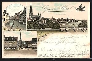 Vorläufer-Lithographie Ulm / Donau, 1895, Gasthof in der Hirschgasse, Panorama