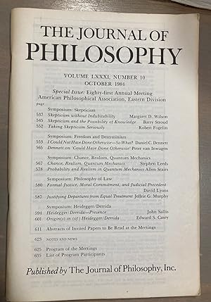 Bild des Verkufers fr The Journal of Philosophy Volume Lxxxi, Number 10 October 1984 zum Verkauf von biblioboy