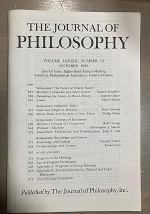 Imagen del vendedor de The Journal of Philosophy Volume LXXXIII, Number 10 October 1986 a la venta por biblioboy