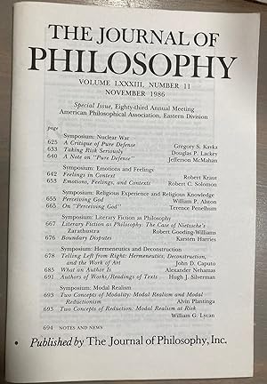 Seller image for The Journal of Philosophy Volume LXXXIII, Number 11 November 1986 Special Issue: Eighty-third Annual Meeting American Philosophical Association, Eastern Division for sale by biblioboy