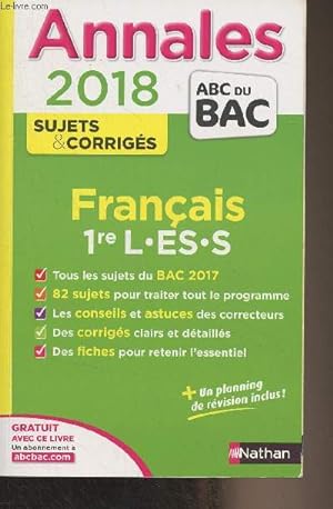 Bild des Verkufers fr Franais 1re L-ES-S - Annales 2018, sujets et corrigs zum Verkauf von Le-Livre