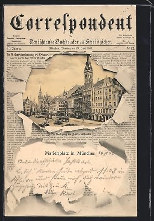 Zeitung-Ansichtskarte München, Gebäude am Marienplatz, Zeitung Correspondent