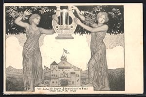 Ansichtskarte Kaufbeuren, VIII Schwäb. bayer. Sängerbundesfest 1905, Damen mit Lyra