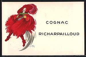 Künstler-Ansichtskarte Spirituosen-Reklame für Cognac Richarpailloud, Dame im roten Kleid