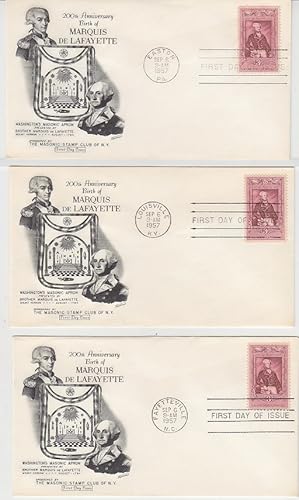 Imagen del vendedor de 3 First Day Postal Covers - 200th Anniversary Birth of Marquis De Lafayette a la venta por Monroe Bridge Books, MABA Member