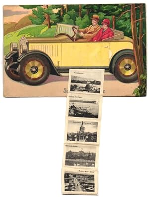 Leporello-Ansichtskarte Genève, Paar im Auto, Monument Brunswick, Palais des Nations, Pont du Mon...