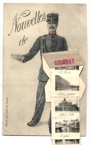 Leporello-Ansichtskarte Gournay-Ferrières, Briefträger, Le Moulin, Hotel de Ville, La Gare, Porte...