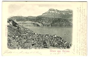 Relief-Ansichtskarte Gersau, Ortsansicht mit Dampfer aus der Vogelschau