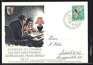 Künstler-Ansichtskarte Tag der Briefmarke 1953, Philatelisten mit Album