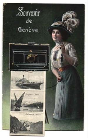 Leporello-Ansichtskarte Genève, Frau mit Fotoapparat, Pont des Bergues, Le Théâter, Hotel des Pos...