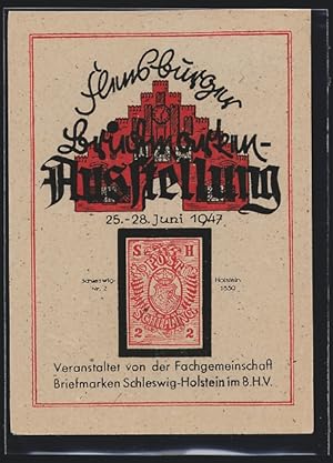 Ansichtskarte Flensburg, Briefmarken-Ausstellung im Juni 1947, Marke Schleswig-Holstein Nr. 2 von...