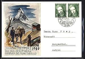Künstler-Ansichtskarte Tag der Briefmarke 1946, Briefträger in den Bergen