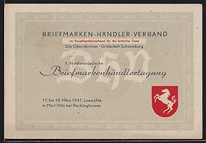 Ansichtskarte Marl-Hüls, 1. Nordwestdeutsche Briefmarkenhändlertagung 1947, Ausstellung, Wappen