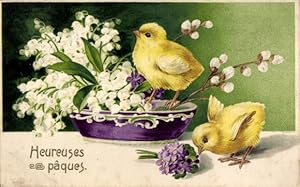 Präge Ansichtskarte / Postkarte Glückwunsch Ostern, Küken, Veilchen, Weidenkätzchen, Maiglöckchen