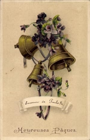 Präge Ansichtskarte / Postkarte Glückwunsch Ostern, Glocken und Veilchen
