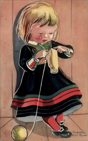 Künstler Ansichtskarte / Postkarte Elbjorg, Strickendes Mädchen in Skandinavischer Tracht