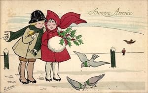 Künstler Ansichtskarte / Postkarte Zane, Glückwunsch Neujahr, Kinder füttern Tauben, Stechpalmenz...