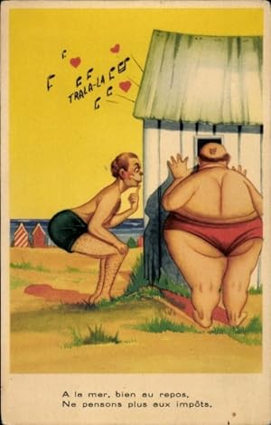 Künstler Ansichtskarte / Postkarte Dicker und dünner Mann schauen in einer Umkleidekabine, Strand...