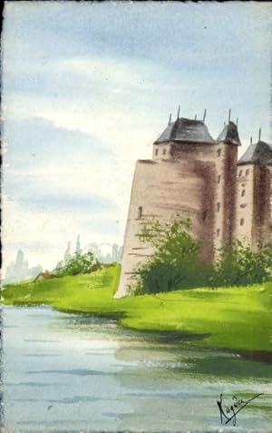Handgemalt Ansichtskarte / Postkarte Landschaft mit einer Burg am Ufer