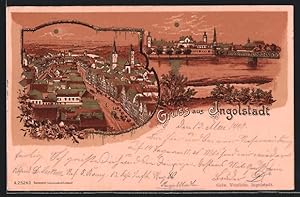 Bild des Verkufers fr Lithographie Ingolstadt, Blick ber die Stadt, Gesamtansicht mit Brcke zum Verkauf von Bartko-Reher