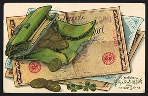 Ansichtskarte Herzlichen Glückwunsch zum neuen Jahre, Geldbörse mit Münzen und Banknoten