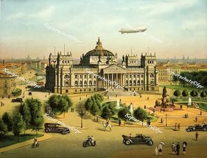 Bild des Verkufers fr Modernes Berlin. Autos vor und ein Zeppelin ber dem Reichstag." hochwertiges Faksimile in Gicledruck mit schmalem, weien Rand auf 250g Schwarzwaldmhle Kunstdruck-Karton (19,5x30cm) nach einer Lithographie aus den 20er Jahren des letzten Jahrhunderts zum Verkauf von Kunsthandel & Antiquariat Magister Ru