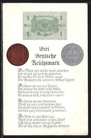 Ansichtskarte Geld, Drei Deutsche Reichsmark, Münzen