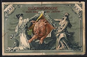 Ansichtskarte Schwein durchbricht Geldschein