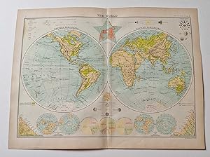 Original 1899 Colour Hemispherical Map of the World