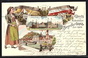 Lithographie Graz, 6. Dt. Sängerbundesfest 1902, Schlossberg, Festhalle, Wappen, Frau in Tracht