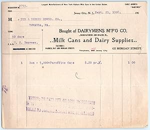 Billhead - Dairymens M'F'G Co 1908 Jersey City NJ