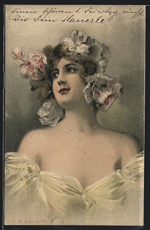 Lithographie Portrait einer Dame mit Blumen im Haar