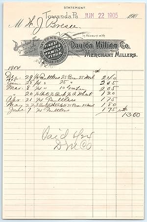 Billhead - Dayton Milling Co 1905 Towanda Pennsylvania