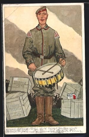 Ansichtskarte Soldat der Infanterie in Uniform mit Trommel, Reklame für Leibniz Keks von H. Bahlsens
