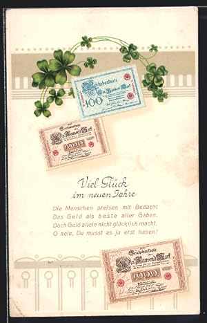 Ansichtskarte Geldscheine mit Kleeblättern, Neujahrsgruss