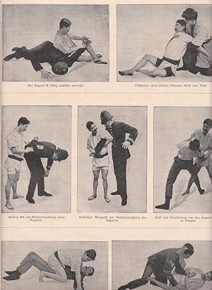 Das Jiu Jitsu (Dschiu-Dschitsu) der Japaner. 7 Abbildungen auf einem Blatt. Zeigt u.a.: Festhalte...
