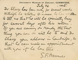 1905 Letter from British Cambridge University Zoologist, Sir Frederic Harmer to Canadian Biologis...