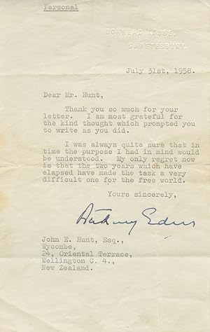 1958 Personal Letter from Conservative UK Prime Minister Robert Anthony Eden Regarding His Respon...