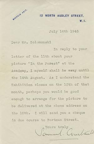 1945 Letter from Art Collector Samuel Courtauld to Artist and Rabbi Frederick Solomonski Regardin...