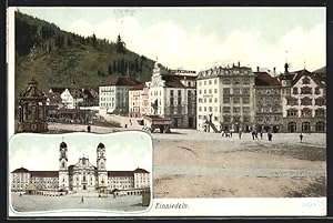 Ansichtskarte Einsiedeln, Kloster, Strassenpartie mit Rathaus