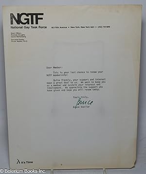 Seller image for National Gay Task Force Membership Renewal Letter for sale by Bolerium Books Inc.