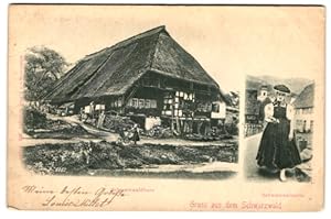 Relief-Ansichtskarte Schwarzwälderin in Tracht, ein strohgedecktes Schwarzwaldhaus
